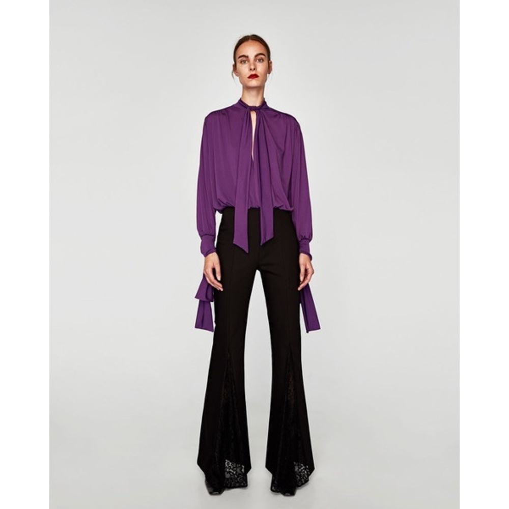 Zara Black Flared Trouser with Lace Inset Trim - Picture 6 of 8